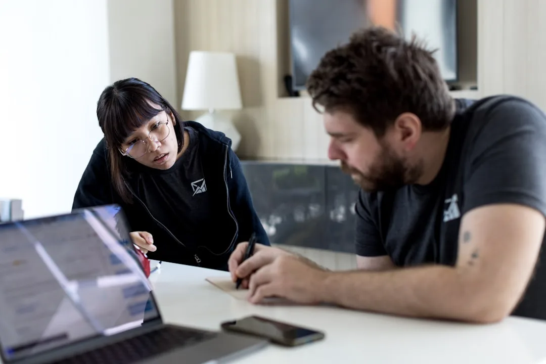 team discussing emails